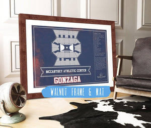 20" x 16" / Walnut Frame & Mat Cutler West McCarthey Athletic Center Gonzaga Bulldogs Team Colors Vintage Basketball Blueprint