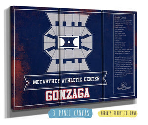 36" x 24" / 3 Panel Canvas Wrap Cutler West McCarthey Athletic Center Gonzaga Bulldogs Team Colors Vintage Basketball Blueprint