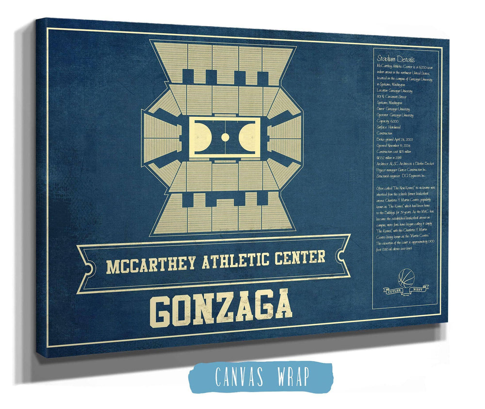 14" x 11" / Stretched Canvas Wrap Cutler West McCarthey Athletic Center Gonzaga Bulldogs Vintage Basketball Blueprint
