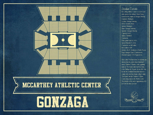14" x 11" / Unframed Cutler West McCarthey Athletic Center Gonzaga Bulldogs Vintage Basketball Blueprint