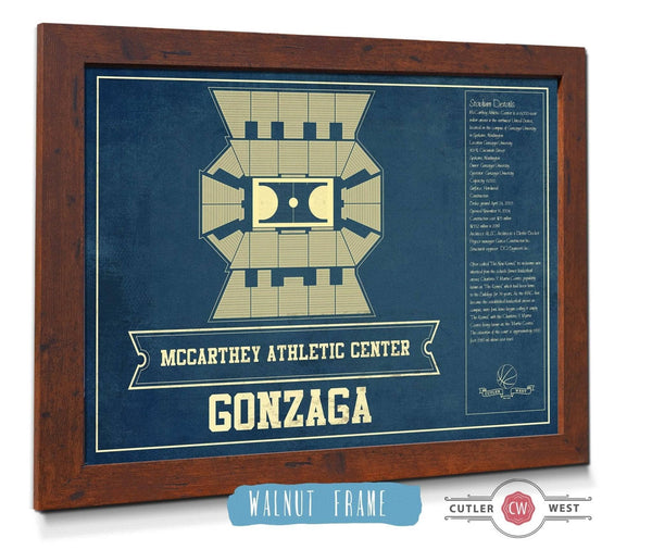 20" x 16" / Walnut Frame Cutler West McCarthey Athletic Center Gonzaga Bulldogs Vintage Basketball Blueprint