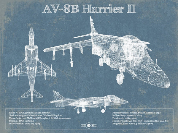 14" x 11" / Unframed Cutler West McDonnell Douglas AV-8B Harrier II Patent Blueprint Original Design Wall Art