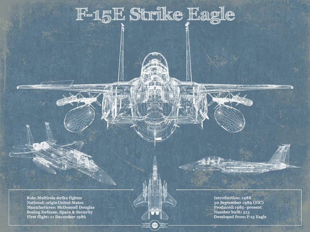 14" x 11" / Stretched Canvas Wrap Cutler West McDonnell Douglas F-15E Strike Eagle Vintage Aviation Blueprint Military Print - Custom Name and Squadron Text