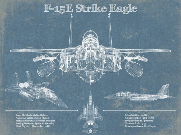 14" x 11" / Unframed Cutler West McDonnell Douglas F-15E Strike Eagle Vintage Aviation Blueprint Military Print - Custom Name and Squadron Text