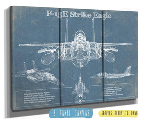36" x 24" / 3 Panel Canvas Wrap Cutler West McDonnell Douglas F-15E Strike Eagle Vintage Aviation Blueprint Military Print - Custom Name and Squadron Text
