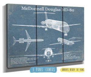 36" x 24" / 3 Panel Canvas Wrap Cutler West McDonnell Douglas MD-80 Vintage Aviation Blueprint Print