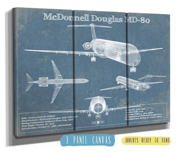 36" x 24" / 3 Panel Canvas Wrap Cutler West McDonnell Douglas MD-80 Vintage Aviation Blueprint Print