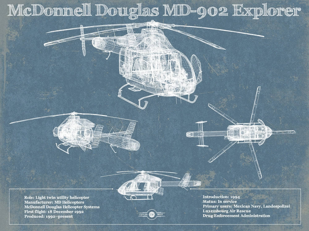 14" x 11" / Stretched Canvas Wrap Cutler West McDonnell Douglas MD-902 Explorer Vintage Blueprint Helicopter Print