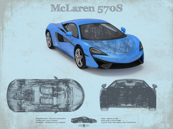 14" x 11" / Unframed Cutler West McLaren 570S Blueprint Vintage Auto Print
