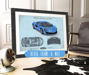 20" x 16" / Black Frame & Mat Cutler West McLaren 570S Blueprint Vintage Auto Print