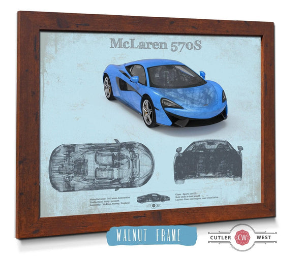 20" x 16" / Walnut Frame Cutler West McLaren 570S Blueprint Vintage Auto Print