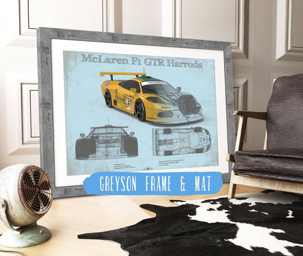 14" x 11" / Greyson Frame & Mat Cutler West McLaren F1 GTR Harrods Blueprint Vintage Auto Print