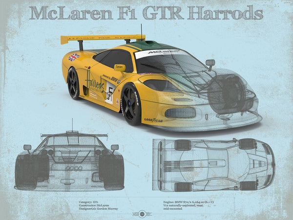 14" x 11" / Unframed Cutler West McLaren F1 GTR Harrods Blueprint Vintage Auto Print