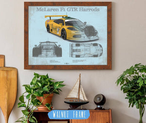20" x 16" / Walnut Frame Cutler West McLaren F1 GTR Harrods Blueprint Vintage Auto Print