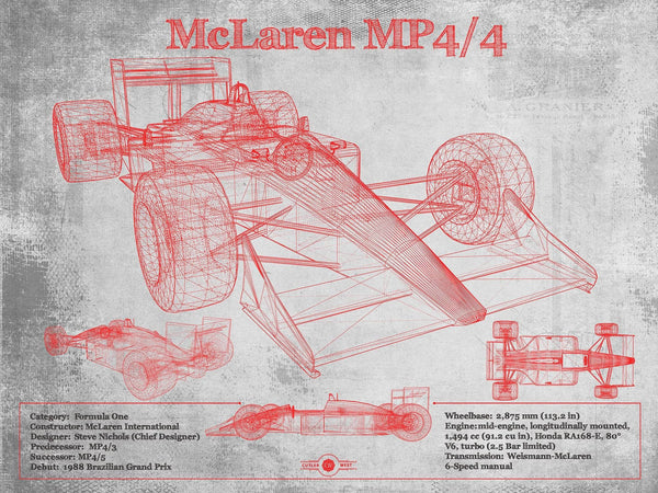 14" x 11" / Unframed Cutler West McLaren MP4-4 - Red and White Version Formula One Race Car Print