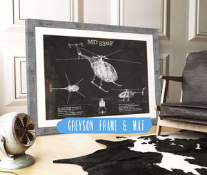14" x 11" / Greyson Frame & Mat Cutler West MD 530F Helicopter Vintage Aviation Blueprint Print