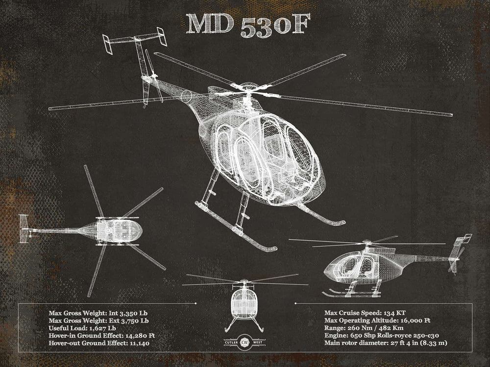 14" x 11" / Stretched Canvas Wrap Cutler West MD 530F Helicopter Vintage Aviation Blueprint Print