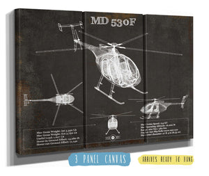 36" x 24" / 3 Panel Canvas Wrap Cutler West MD 530F Helicopter Vintage Aviation Blueprint Print