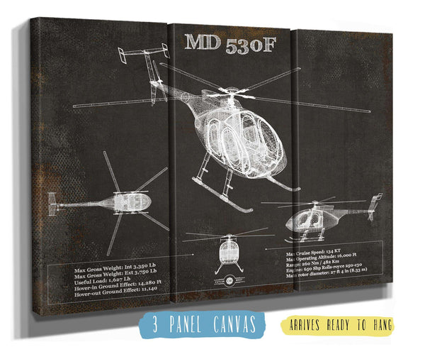 36" x 24" / 3 Panel Canvas Wrap Cutler West MD 530F Helicopter Vintage Aviation Blueprint Print
