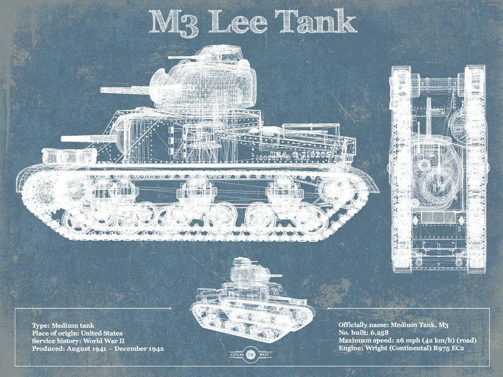 14" x 11" / Stretched Canvas Wrap Cutler West Medium Tank, M3 Lee Vintage Blueprint Print