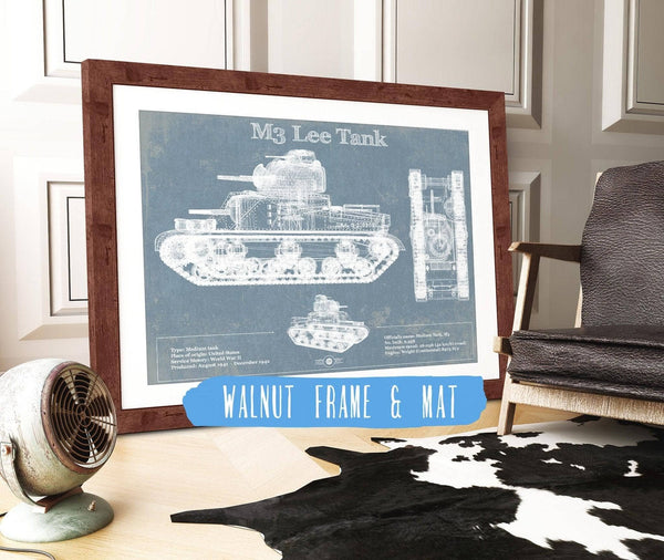 20" x 16" / Walnut Frame & Mat Cutler West Medium Tank, M3 Lee Vintage Blueprint Print