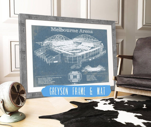 14" x 11" / Greyson Frame & Mat Cutler West Melbourne Arena - Vintage Australian Open Tennis Blueprint Art