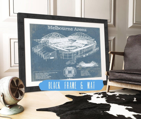 20" x 16" / Black Frame & Mat Cutler West Melbourne Arena - Vintage Australian Open Tennis Blueprint Art