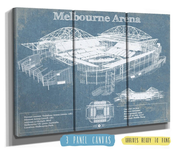48" x 36" / 3 Panel Canvas Wrap Cutler West Melbourne Arena - Vintage Australian Open Tennis Blueprint Art