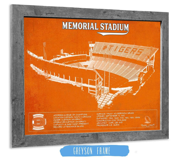 14" x 11" / Greyson Frame Cutler West Memorial Stadium Clemson Tigers Team Color NCAA Vintage Football Blueprint Art