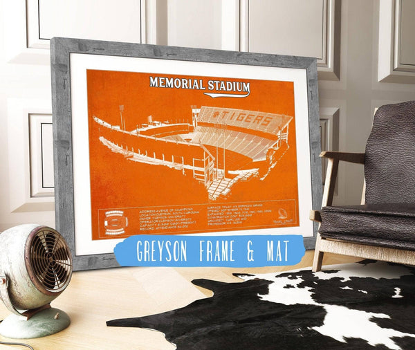 14" x 11" / Greyson Frame & Mat Cutler West Memorial Stadium Clemson Tigers Team Color NCAA Vintage Football Blueprint Art
