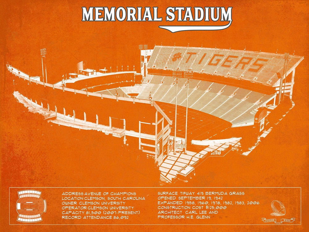 14" x 11" / Stretched Canvas Wrap Cutler West Memorial Stadium Clemson Tigers Team Color NCAA Vintage Football Blueprint Art