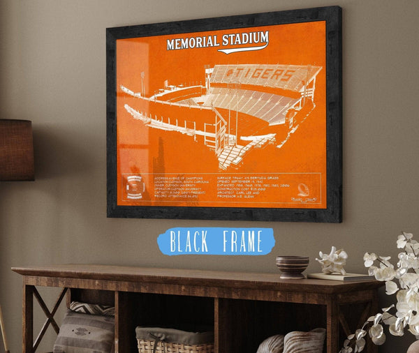 20" x 16" / Black Frame Cutler West Memorial Stadium Clemson Tigers Team Color NCAA Vintage Football Blueprint Art