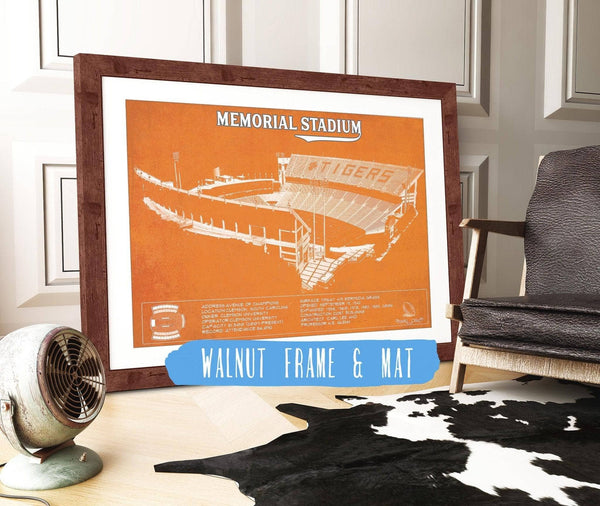 20" x 16" / Walnut Frame & Mat Cutler West Memorial Stadium Clemson Tigers Team Color NCAA Vintage Football Blueprint Art