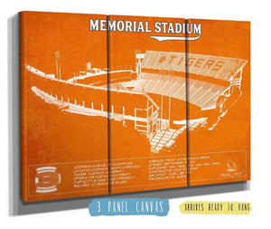 36" x 24" / 3 Panel Canvas Wrap Cutler West Memorial Stadium Clemson Tigers Team Color NCAA Vintage Football Blueprint Art