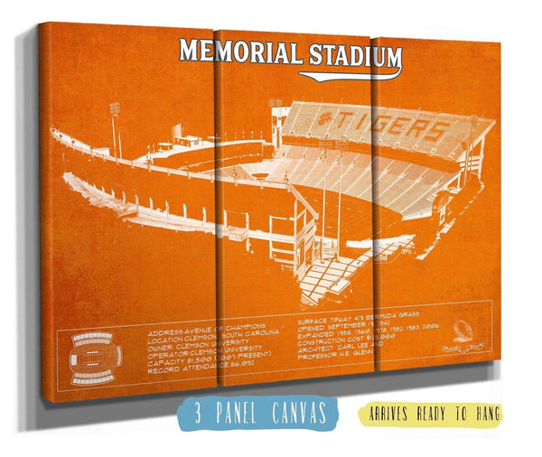 36" x 24" / 3 Panel Canvas Wrap Cutler West Memorial Stadium Clemson Tigers Team Color NCAA Vintage Football Blueprint Art
