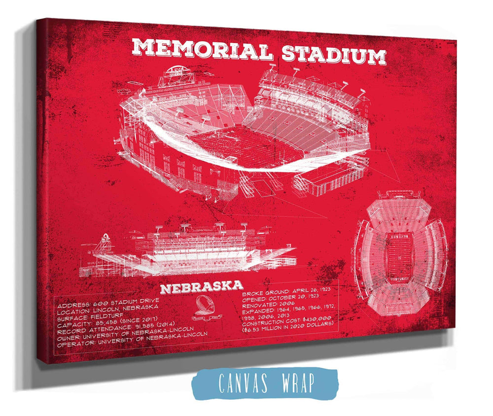 14" x 11" / Stretched Canvas Wrap Cutler West Memorial Stadium (Lincoln) Nebraska Cornhuskers Team