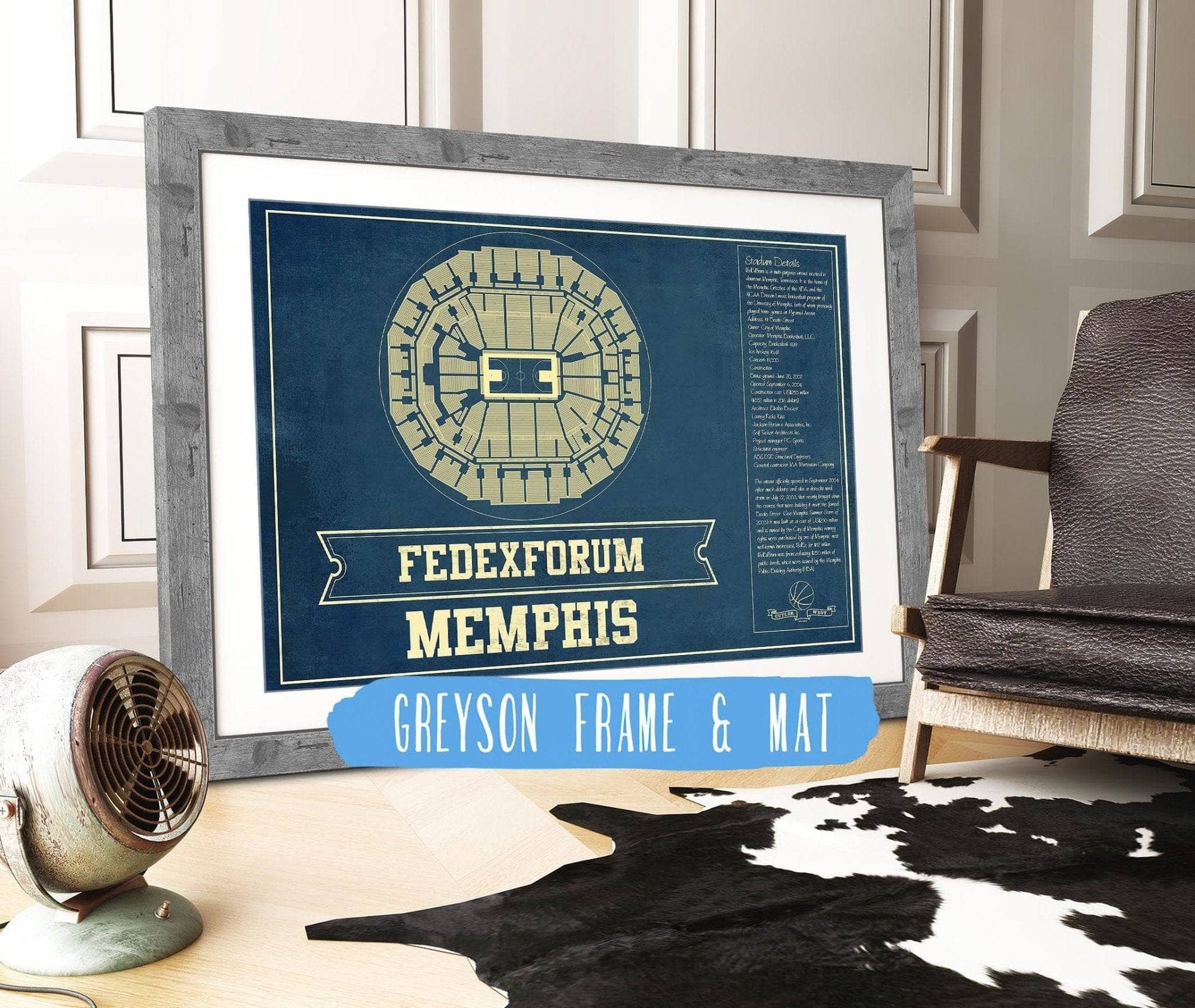 Cutler West Basketball Collection 14" x 11" / Greyson Frame Mat Memphis Grizzlies Fedexforum Vintage Basketball Blueprint NBA Print 933350168_76703