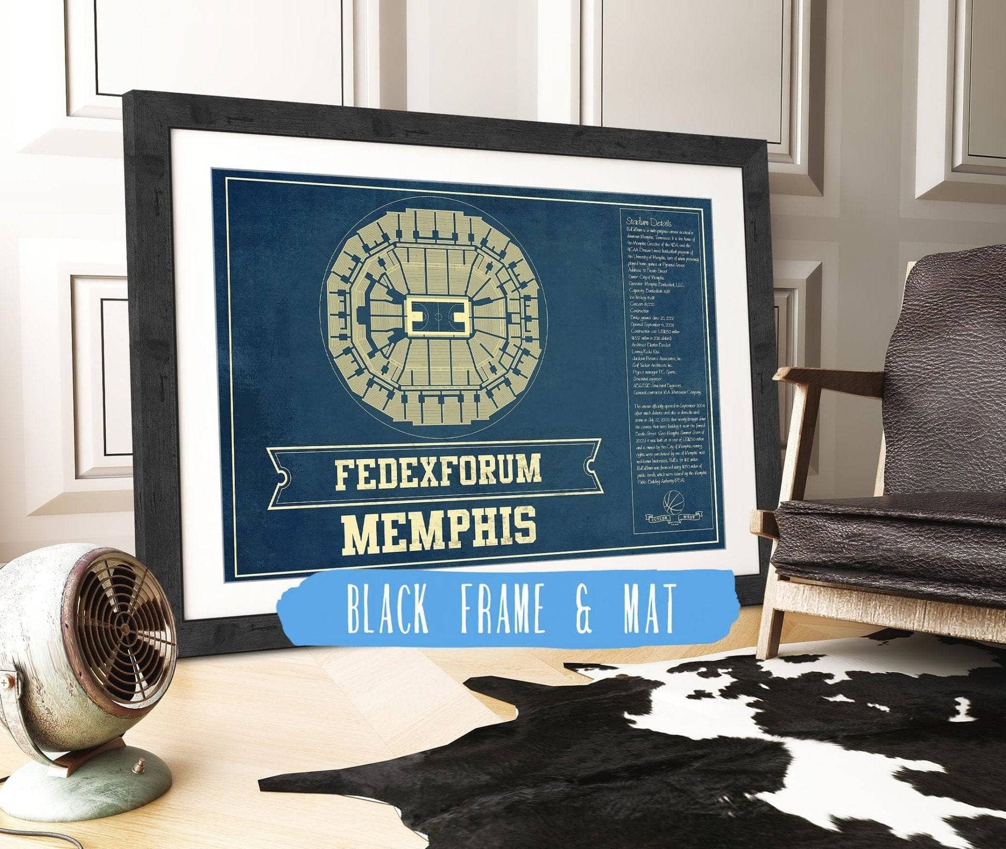 Cutler West Basketball Collection 14" x 11" / Black Frame Mat Memphis Grizzlies Fedexforum Vintage Basketball Blueprint NBA Print 933350168_76697