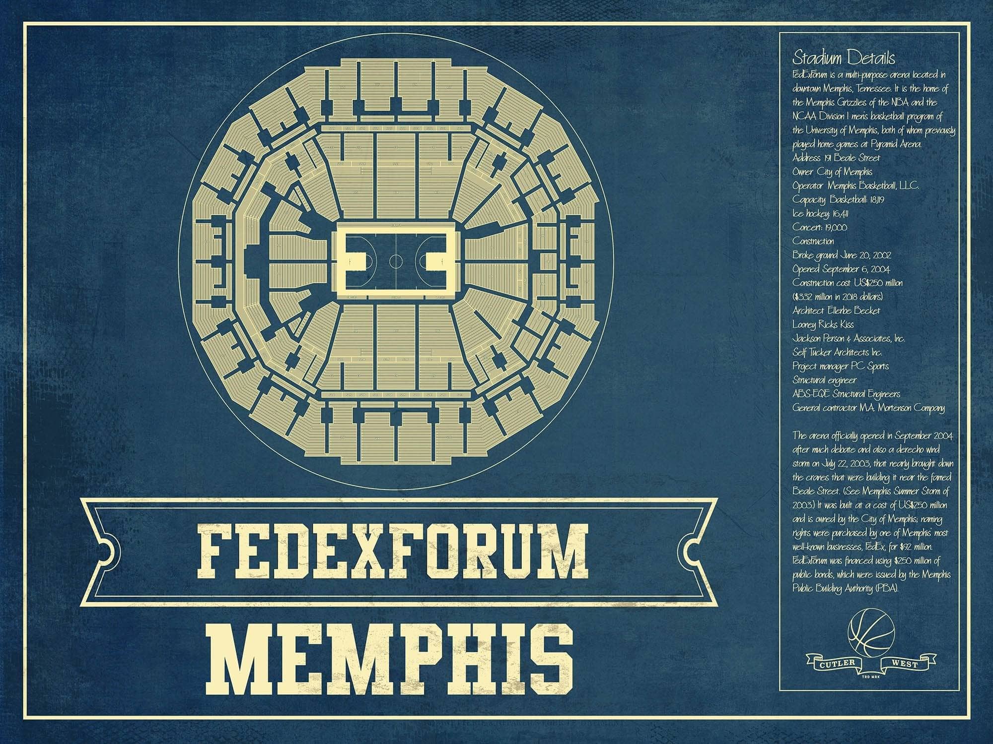 Cutler West 14" x 11" / Unframed Memphis Grizzlies Fedexforum Vintage Basketball Blueprint NBA Print 933350168-14"-x-11"76695