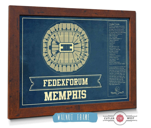 14" x 11" / Black Frame Mat Cutler West Memphis Grizzlies Fedexforum Vintage Basketball Blueprint NBA Print