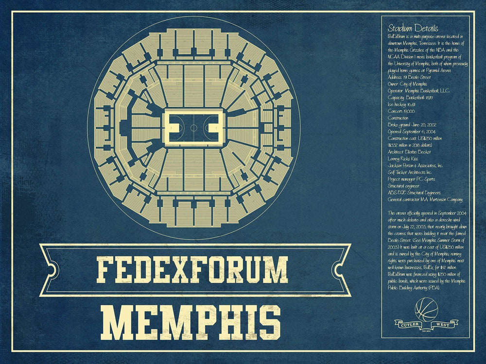 14" x 11" / Stretched Canvas Wrap Cutler West Memphis Grizzlies Fedexforum Vintage Basketball Blueprint NBA Print