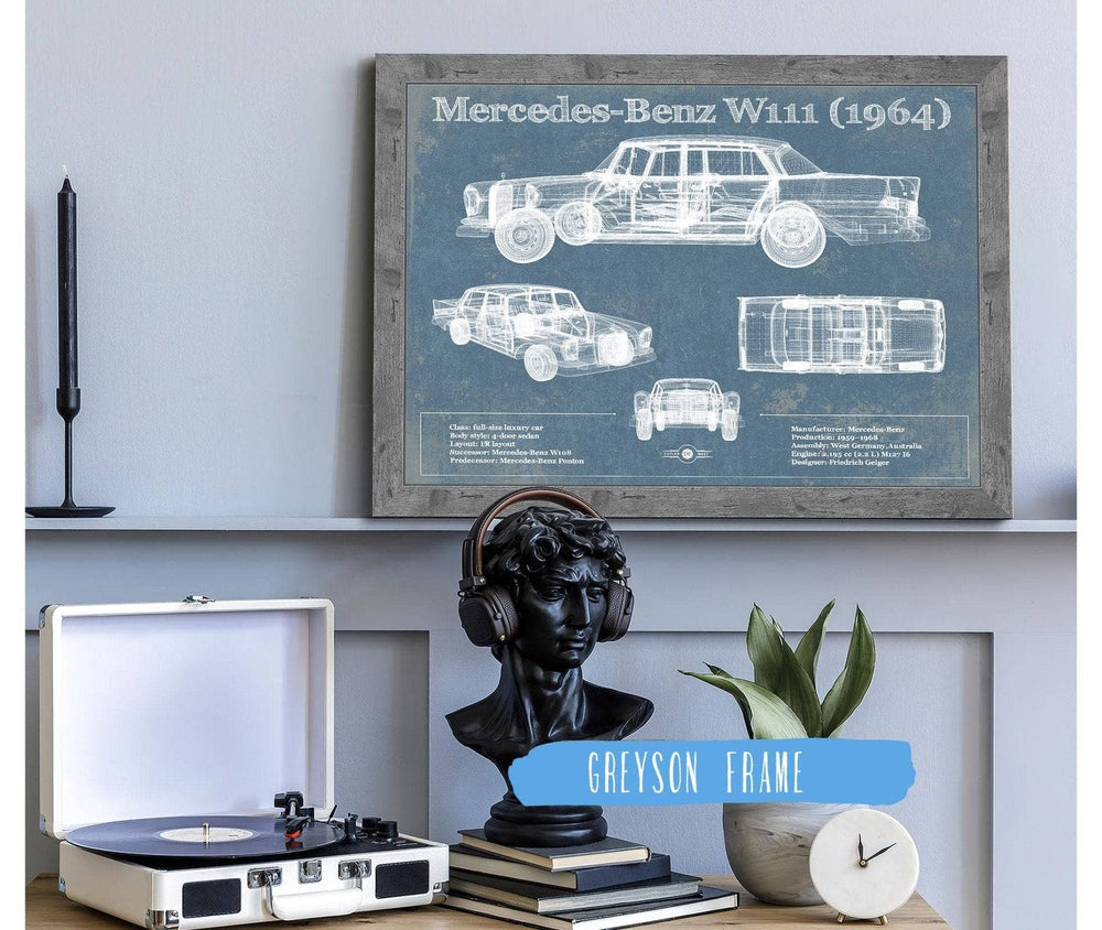 14" x 11" / Stretched Canvas Wrap Cutler West Mercedes Benz 220S W111 (1964) Blueprint Vintage Auto Print