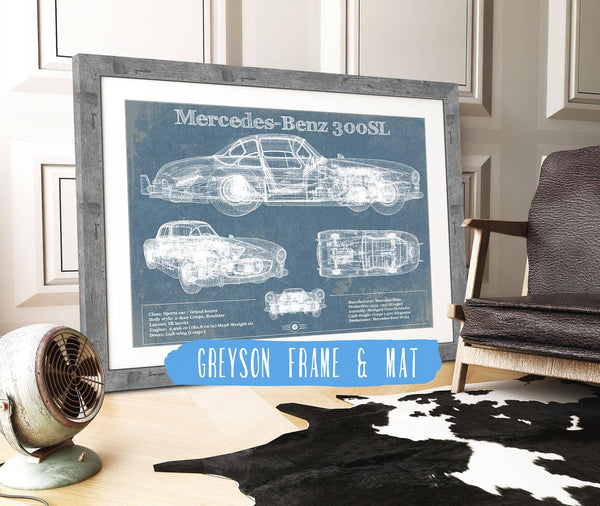 14" x 11" / Greyson Frame & Mat Cutler West Mercedes-Benz 300 SL Gullwing 1950 Original Blueprint Art