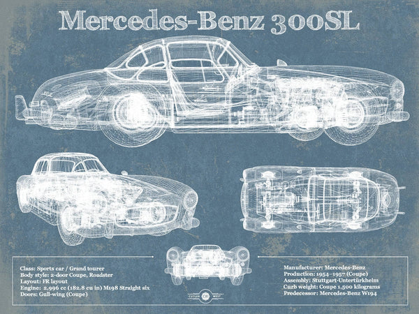 14" x 11" / Unframed Cutler West Mercedes-Benz 300 SL Gullwing 1950 Original Blueprint Art