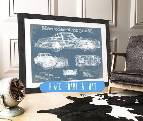 20" x 16" / Black Frame & Mat Cutler West Mercedes-Benz 300 SL Gullwing 1950 Original Blueprint Art