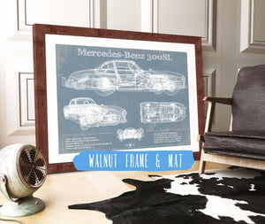 20" x 16" / Walnut Frame & Mat Cutler West Mercedes-Benz 300 SL Gullwing 1950 Original Blueprint Art