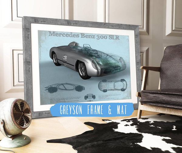 14" x 11" / Greyson Frame & Mat Cutler West Mercedes Benz 300 SLR Vintage Blueprint Auto Print
