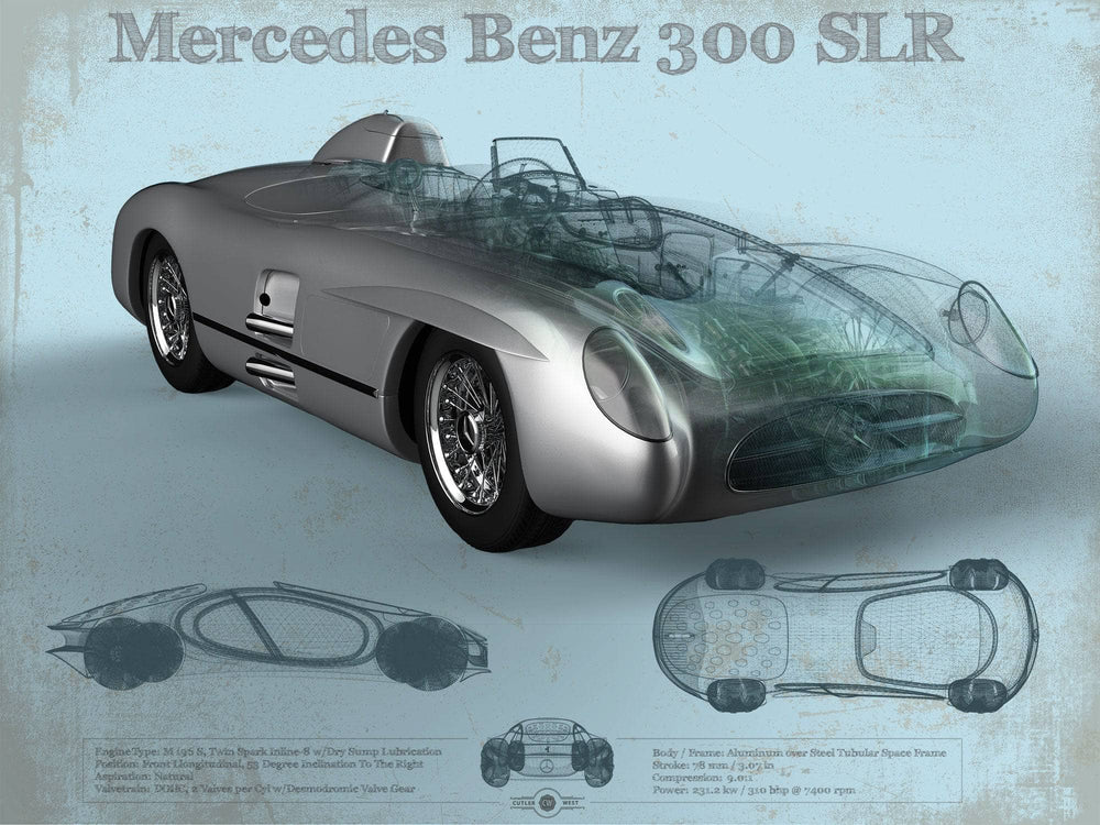 14" x 11" / Stretched Canvas Wrap Cutler West Mercedes Benz 300 SLR Vintage Blueprint Auto Print