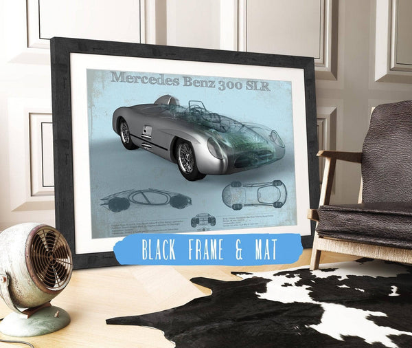 20" x 16" / Black Frame & Mat Cutler West Mercedes Benz 300 SLR Vintage Blueprint Auto Print