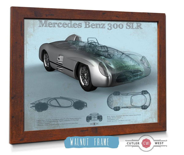 20" x 16" / Walnut Frame Cutler West Mercedes Benz 300 SLR Vintage Blueprint Auto Print